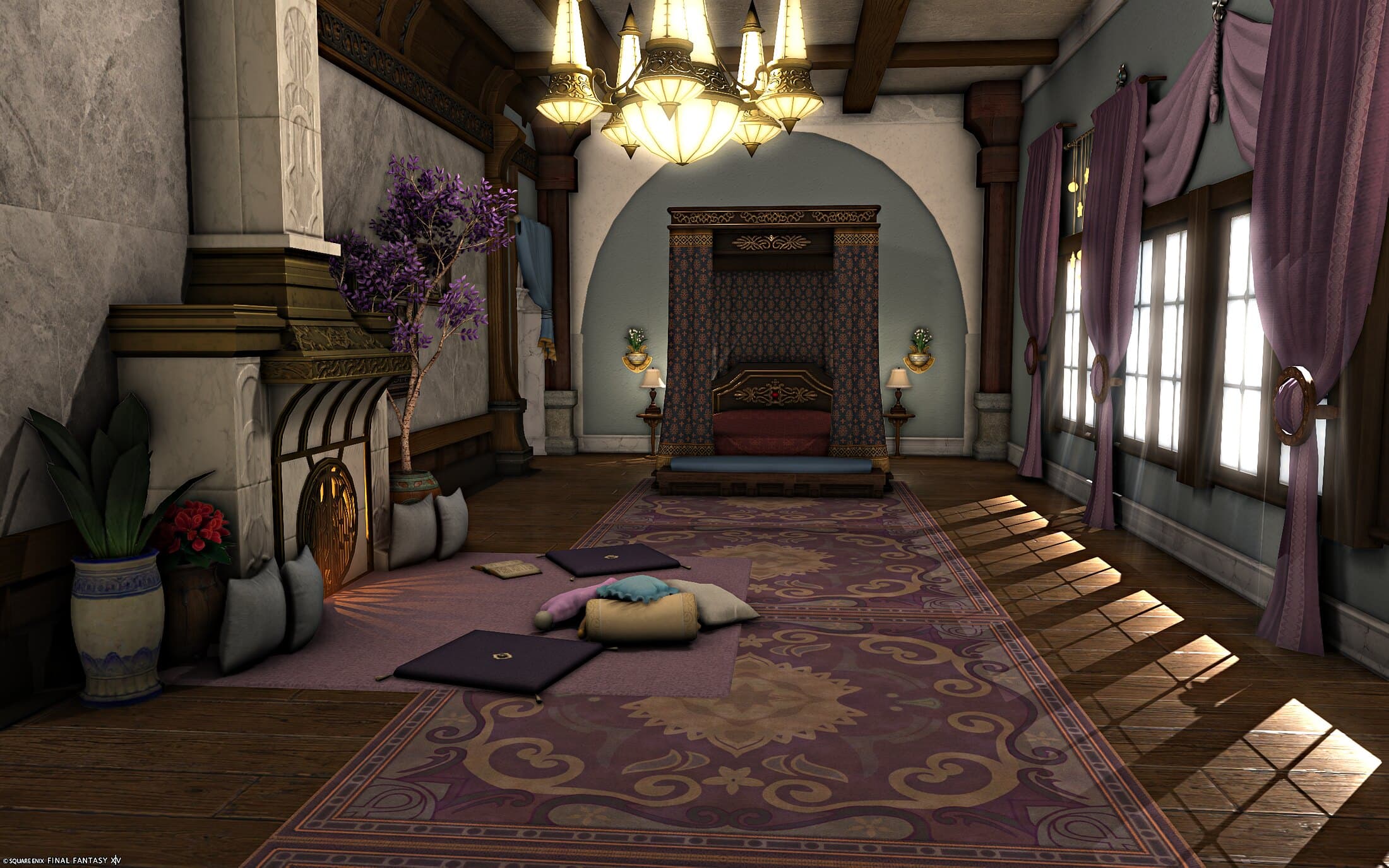 The bedroom — a four-poster bed under an arch at the far end, a lit white and gold fireplace with floor cushions in front of it, a purple-leaved tree, purple curtains at the sunlit windows, a purple patterned rug and a chandelier overhead