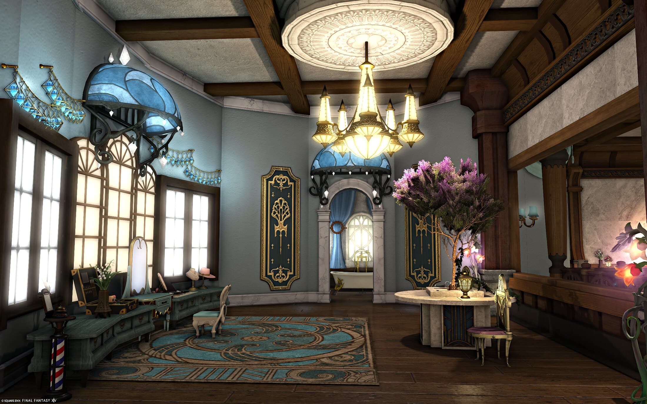 The dressing room and powder room — a long teal vanity running along angled walls under blue glass canopies and strings of crystals, a striped barber's pole at its end, a flowering tree growing from a round stone table, and the bath visible through a marble arch at the back