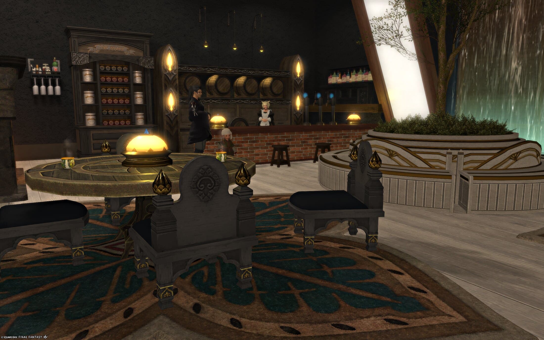 The tavern bar — barrels, graded bottle shelves and warm dome lights over a compass-rose floor