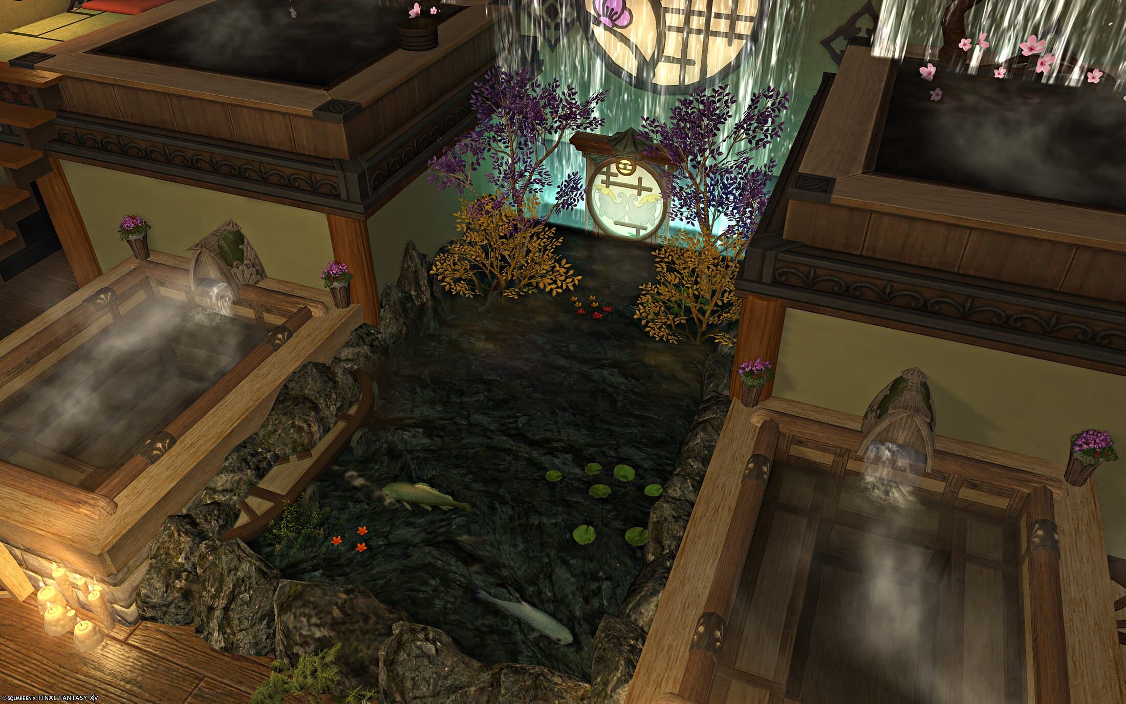 The bath hall from above — four wooden baths at two heights around a koi pond, purple and gold foliage growing from the water, and an oval screen with two otters under a round window at the back