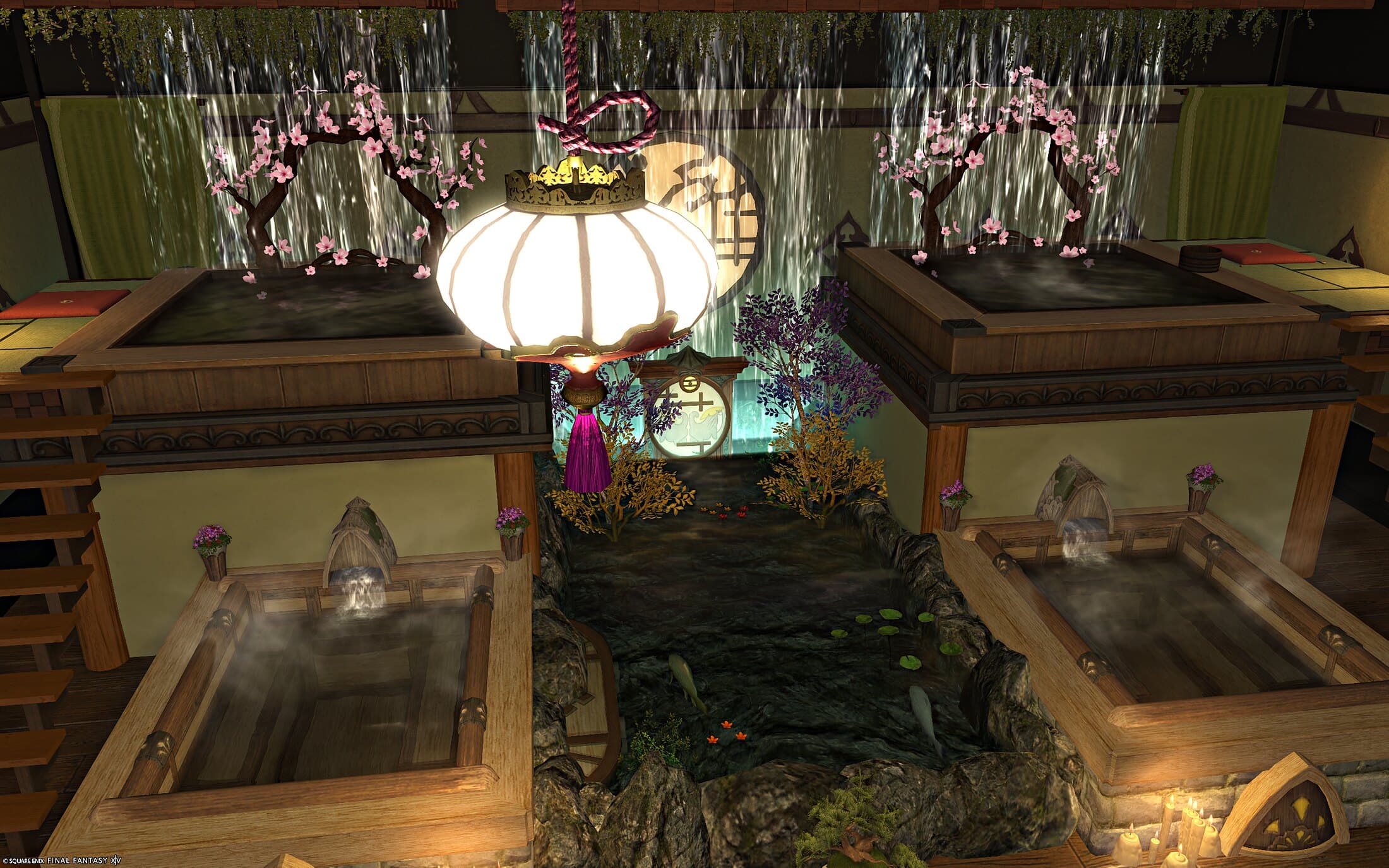 The bath hall under a large white paper lantern, cherry blossoms arching over the two upper baths, waterfalls falling down the wall behind and steam rising off the water