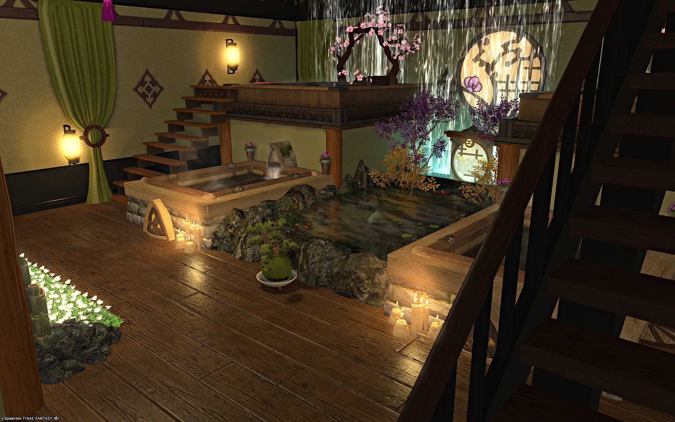 The bath hall from the stairs — a lower bath with candles at its foot, the koi pond beyond it, and open wooden stairs rising to the tatami platform above