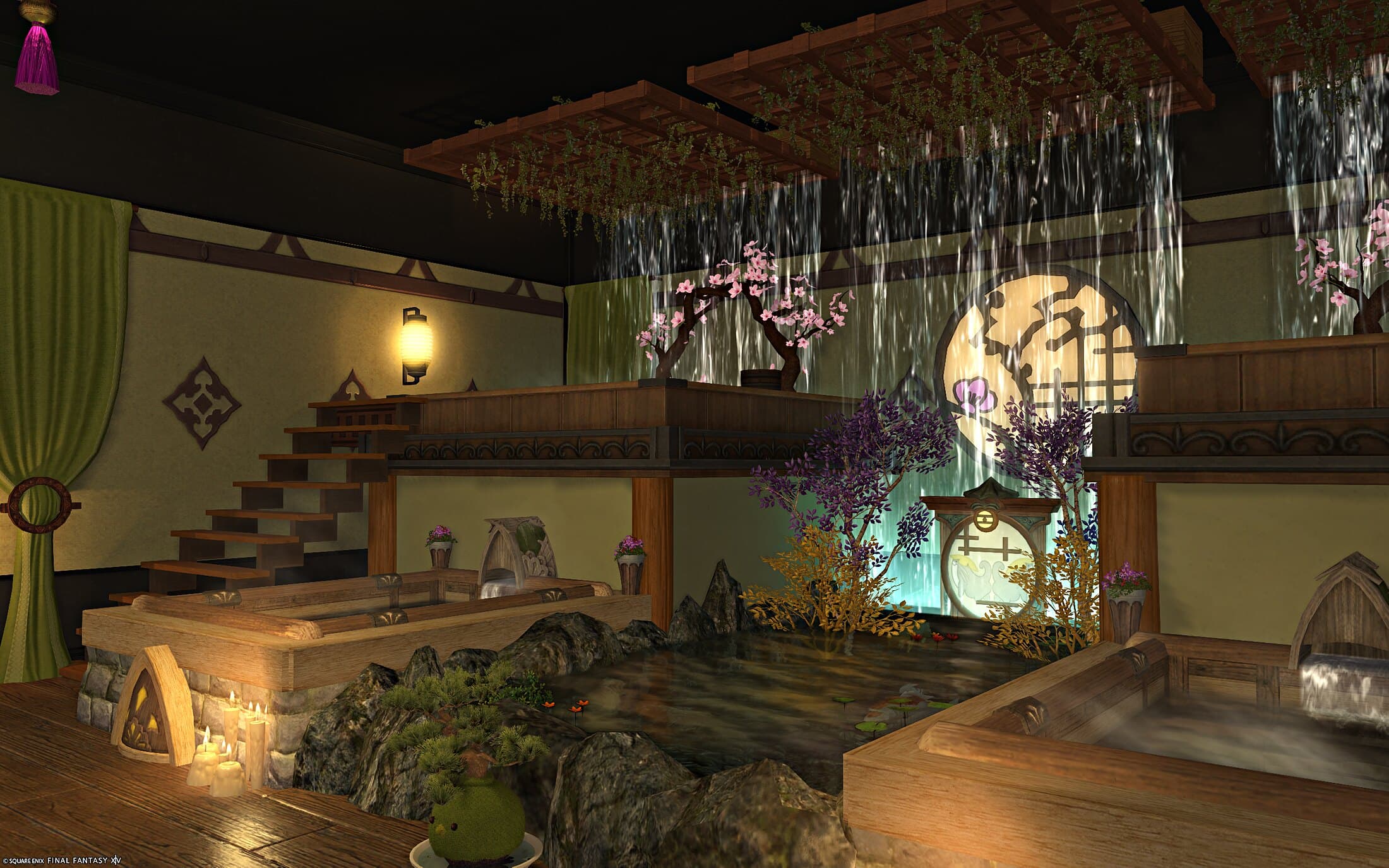 The bath hall seen wide — stairs up to the tatami platforms, the upper baths on their wooden bases, waterfalls and the round window at the back, green curtains at the edges