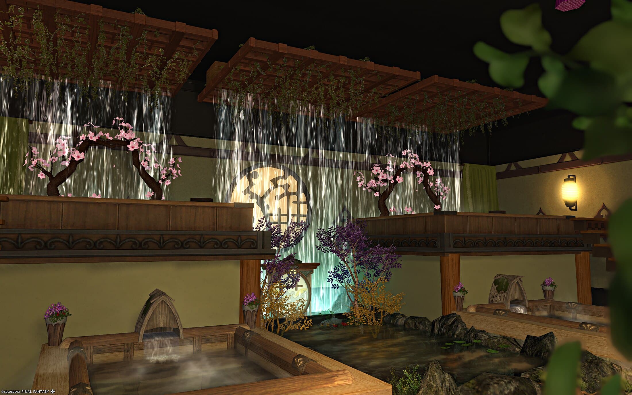 Waterfalls pouring from a plant-hung trellis ceiling past cherry blossoms and the round window, the upper bath platforms below them