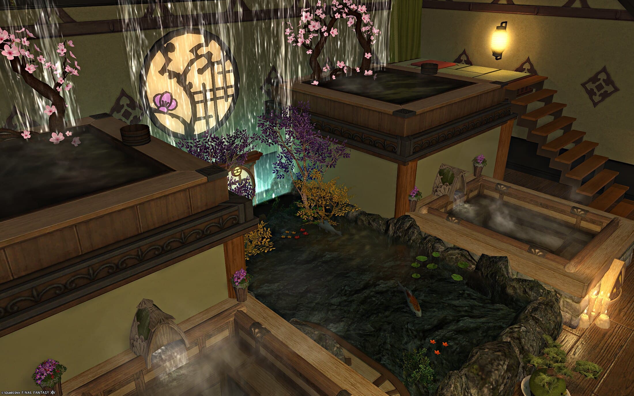 An upper bath and a lower bath from the stairs side, steam rising off both, the koi pond and its rocks between them and a lit round window beyond