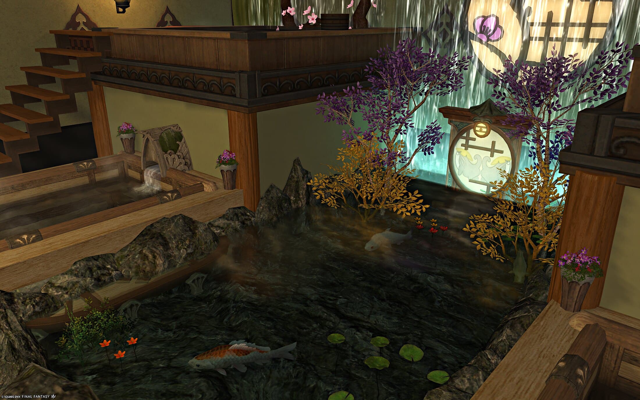 The koi pond at floor level — koi and lily pads in dark water, rocks around the edge, purple and gold trees behind and the otter screen lit beneath the round window
