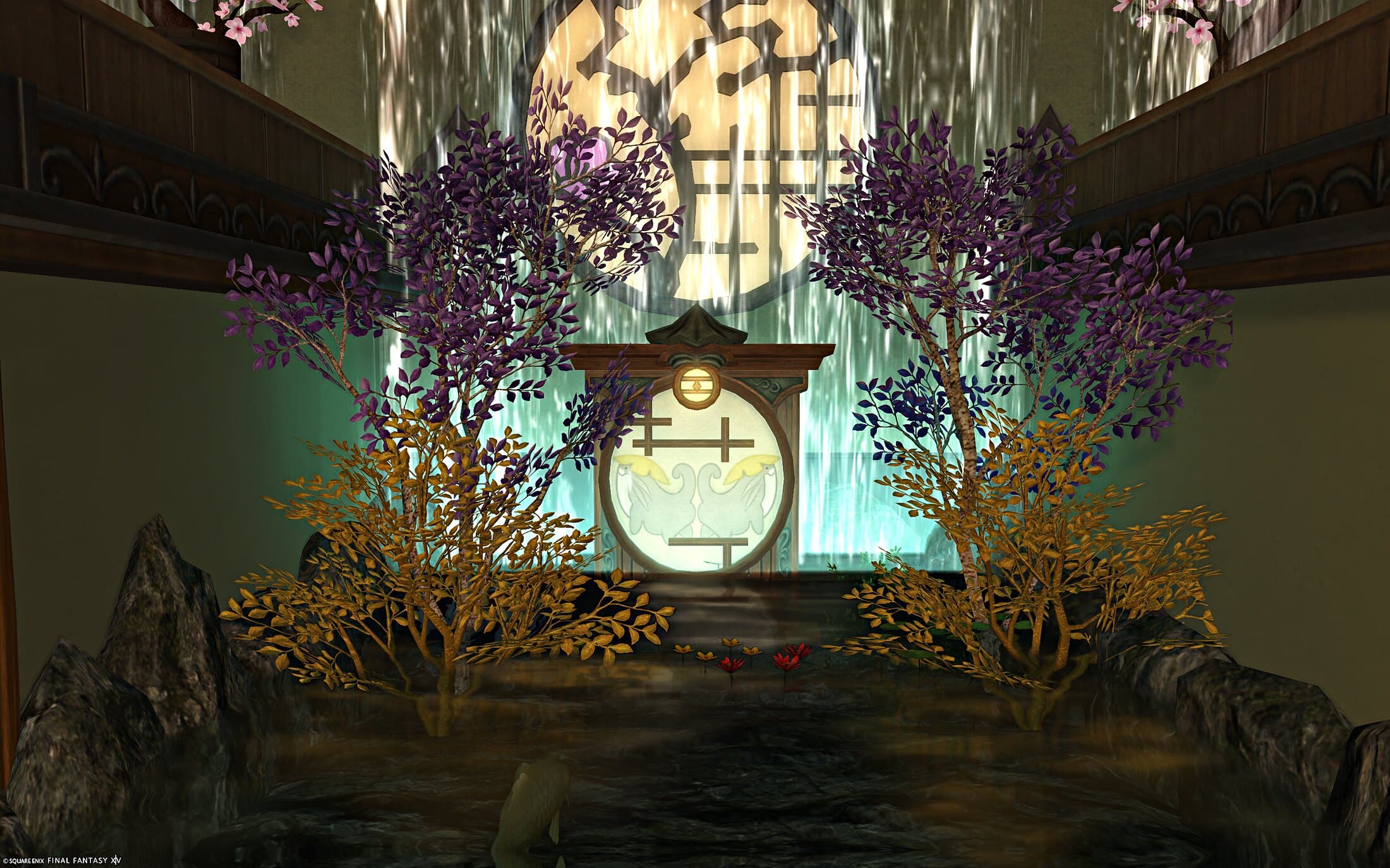 The Odder Otter screen — an oval panel with two otters silhouetted on it under a round window, framed by purple and gold trees, a waterfall behind and red lilies on the pond in front