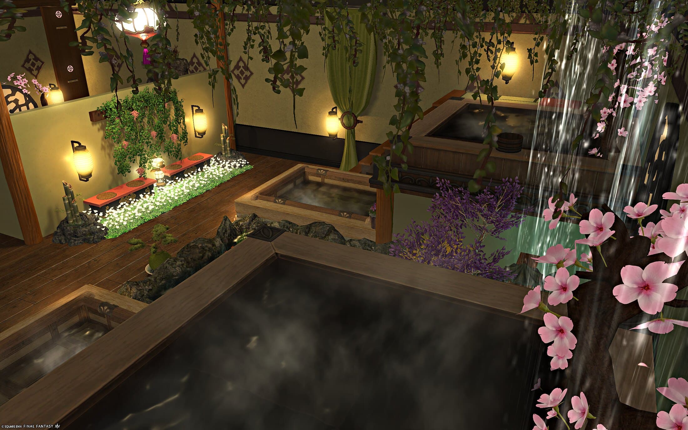 The upper bath seen from its platform — cherry blossoms at the right, green curtains and a hanging lantern beyond, and the lower baths and a flower-lined bench below