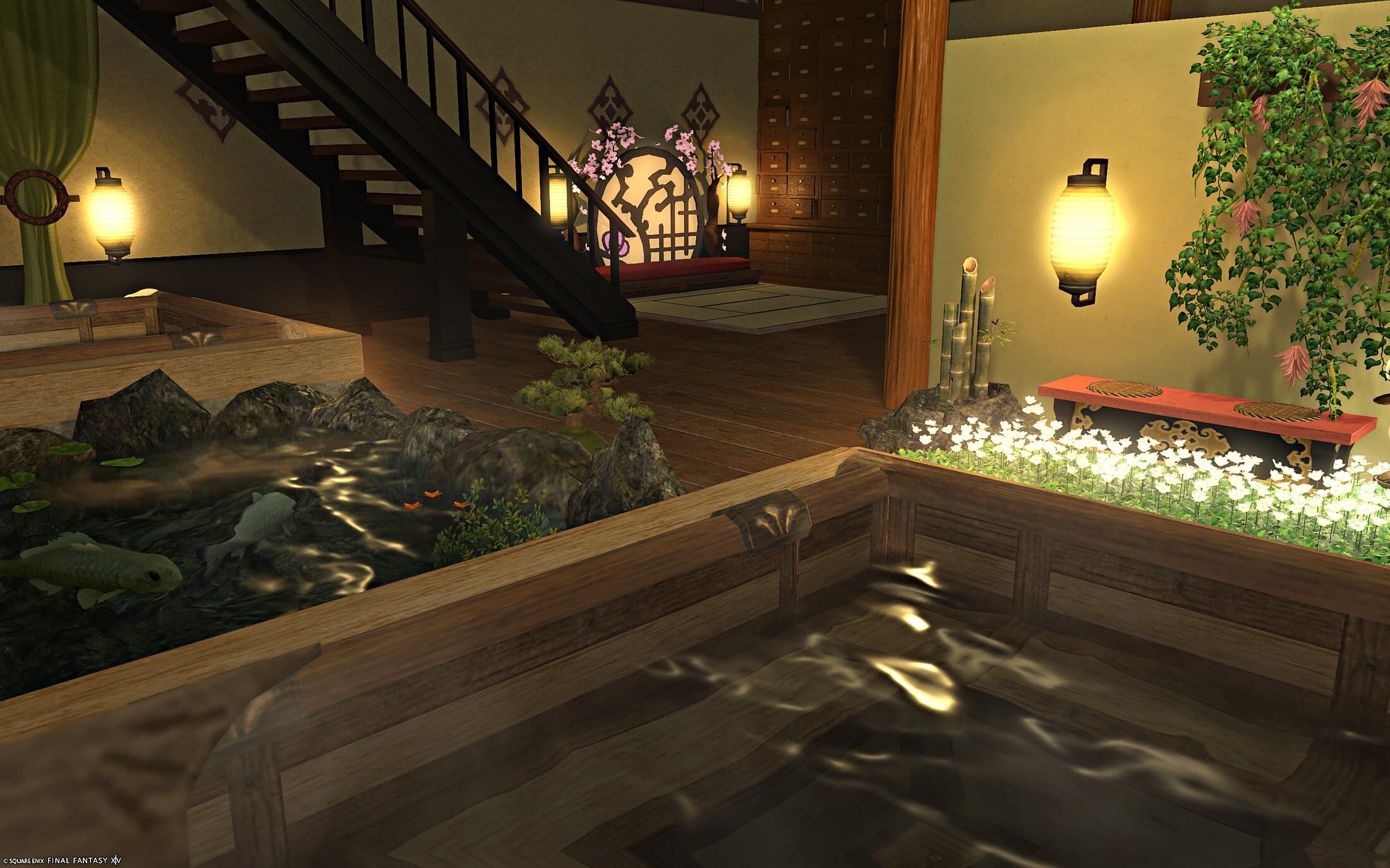 Light moving on the water of a lower bath, koi in the pond beside it, and a red bench under hanging vines and a wall lantern at the back