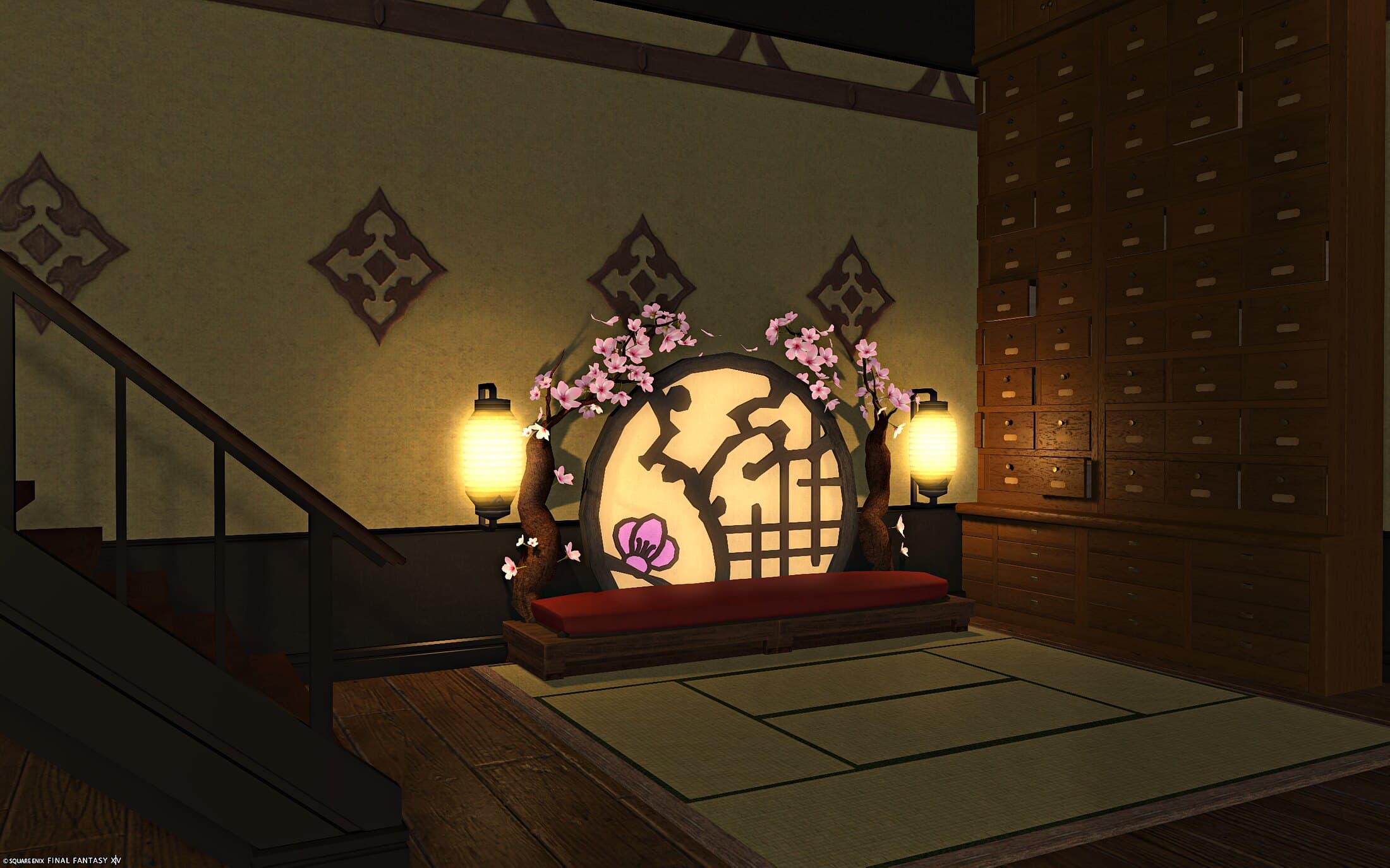The entrance bench — a red-cushioned bench wrapped around a round window with cherry blossoms growing over it, under a staircase, a wall of small drawers beside it