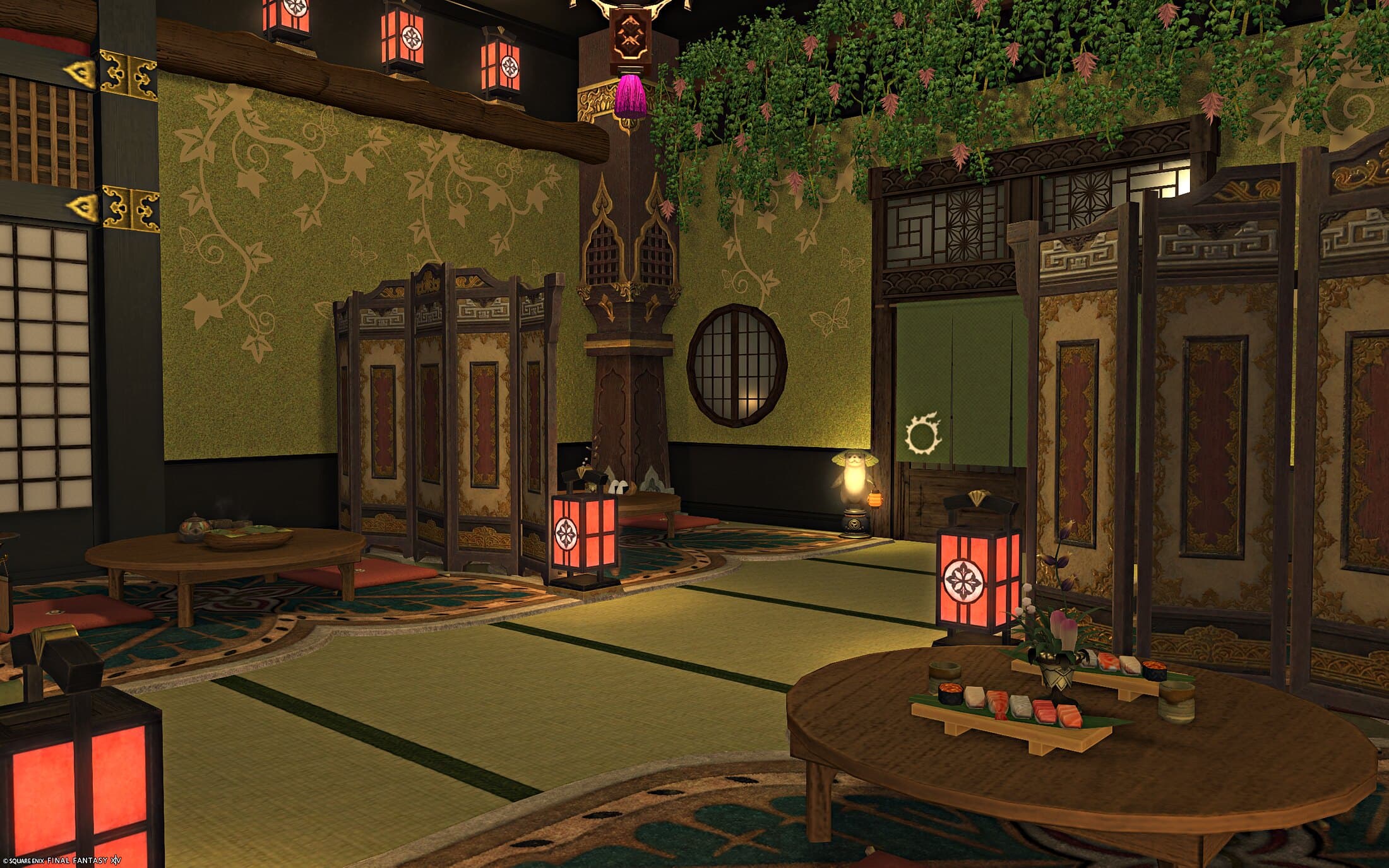 The restaurant — folding screens, a carved pillar, a round window and a green doorway beyond, a round table laid with sushi in front