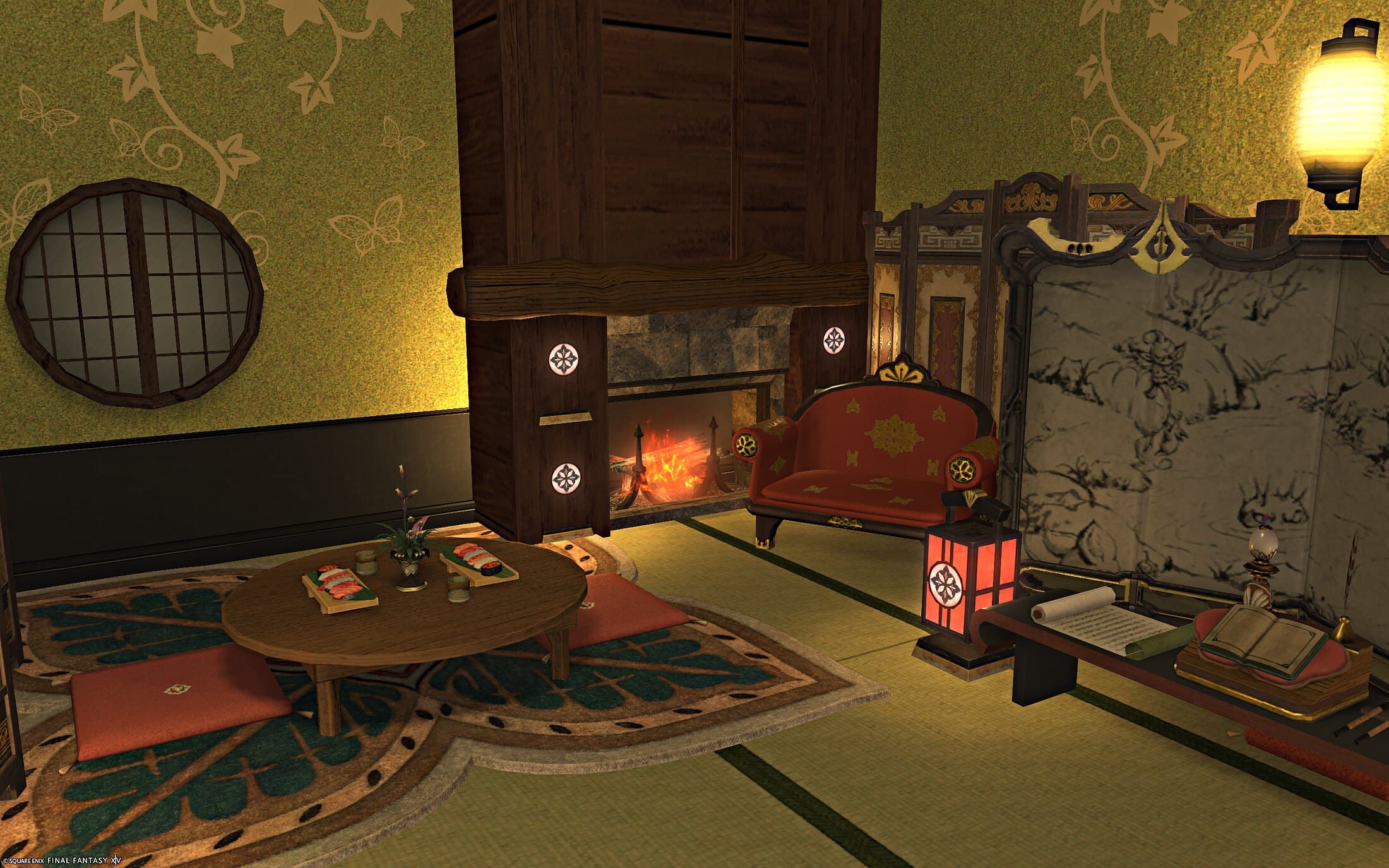 A lit fireplace and a red couch beside an ink-painted screen, low tables laid with sushi and cushions on patterned rugs in front