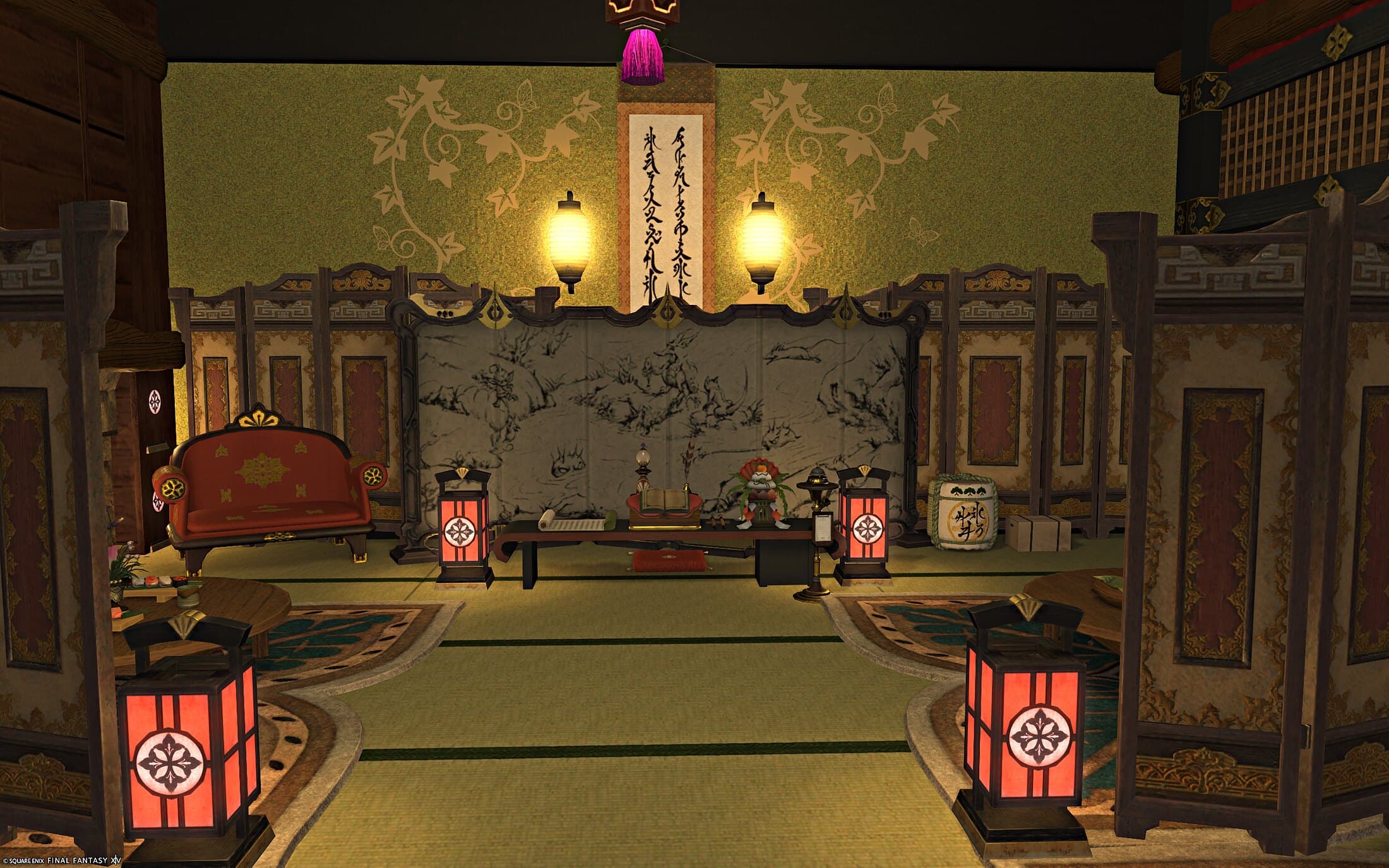 A large ink-painted screen with a hanging scroll and two lanterns above it, a red couch at the left and a low table with a doll and a lamp in front