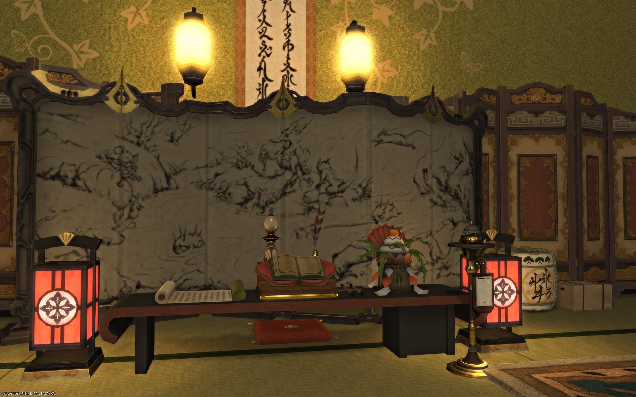 The ink-painted screen close up — a low black table with an open book, a scroll and a doll, red lanterns either side and a sake barrel to the right