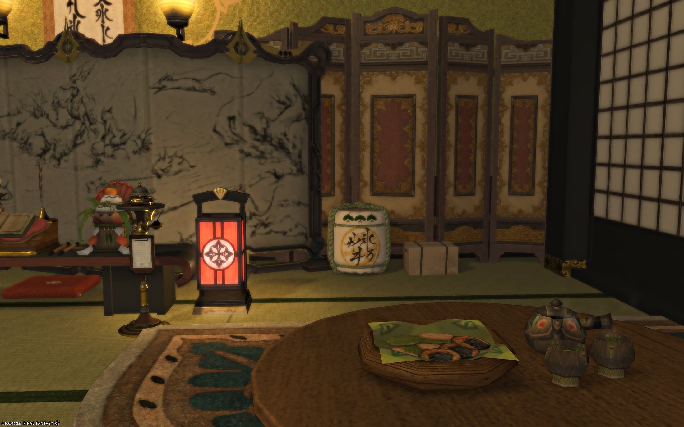 A plate of food and a teapot on a round table, a red lantern, a sake barrel and the ink screen behind