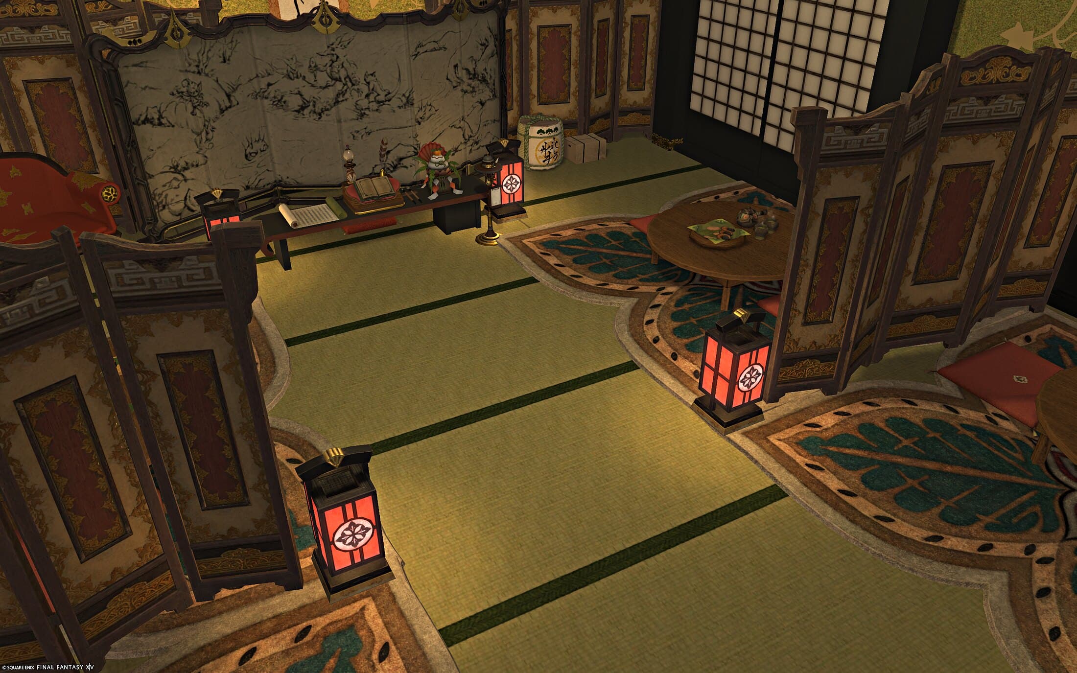 The restaurant from a corner — folding screens, red lanterns, a round table on a patterned rug and the ink screen at the back