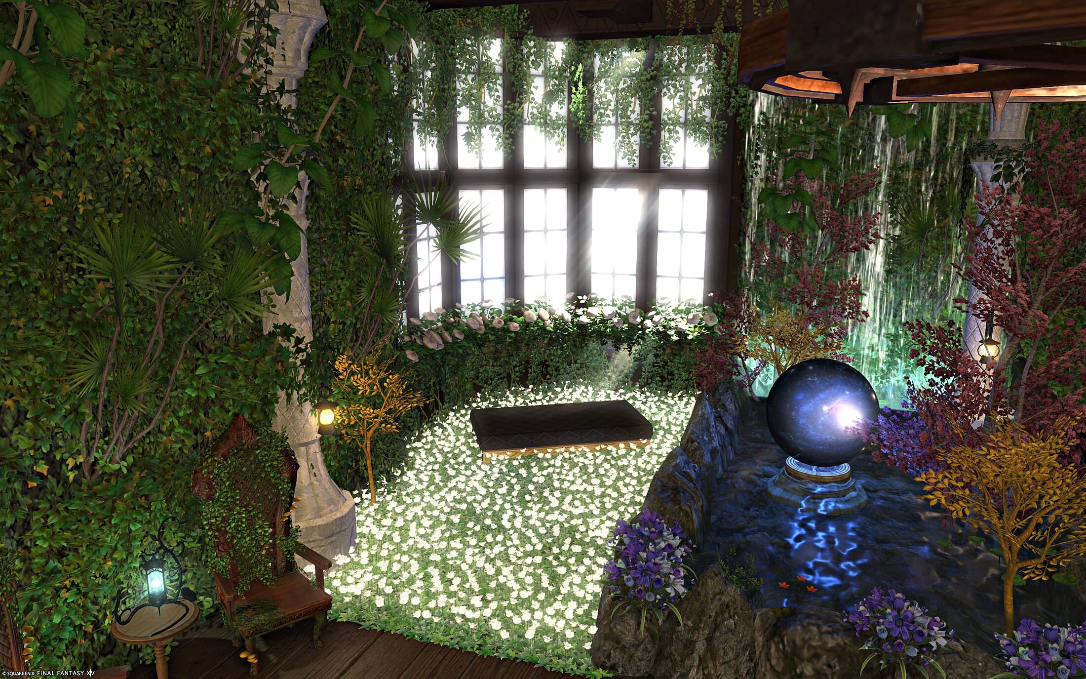 The overgrown corner upstairs — a low dark cushioned seat on a carpet of white flowers before tall windows, walls of greenery, a pond edged in dark rock with a large glowing blue sphere in it, purple flowers and small trees in red and gold around it, a curtain of falling water behind, and an ivy-covered chair and a lantern on a small table at the left