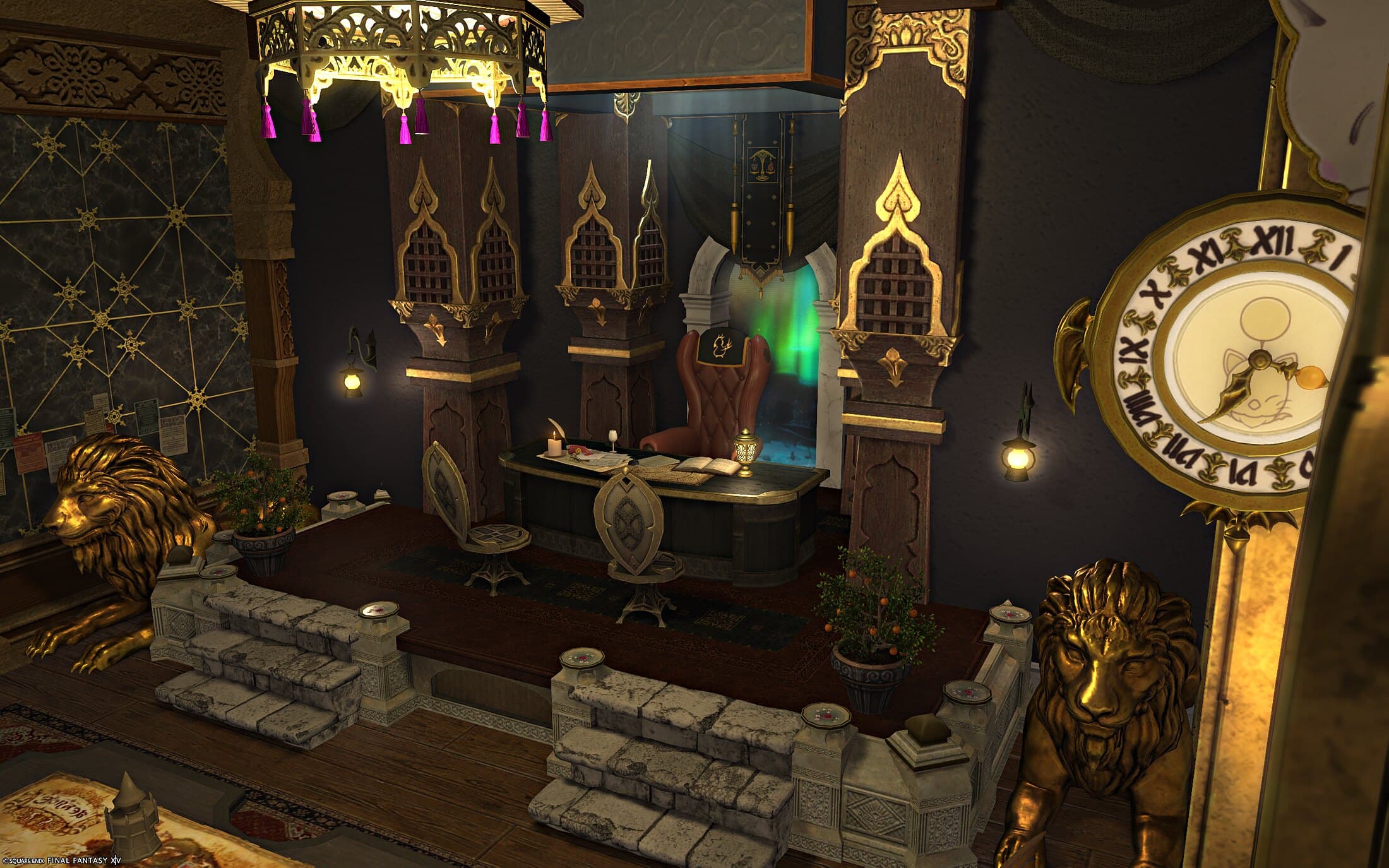 The dais from an angle, a tasselled chandelier hanging above it and a tall pendulum clock in the foreground