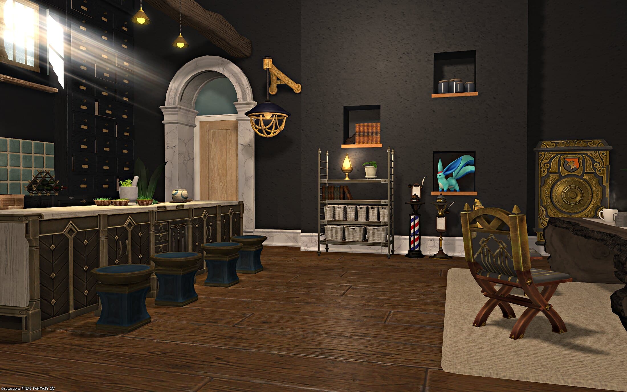 The kitchen with daylight falling in shafts across a long counter and blue-topped stools