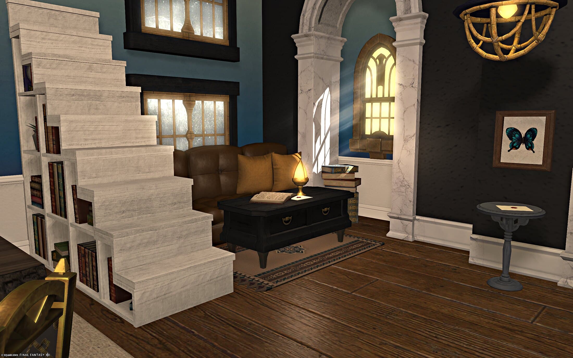 The wooden staircase used as open shelving, lit by a wall lamp beside an arched window