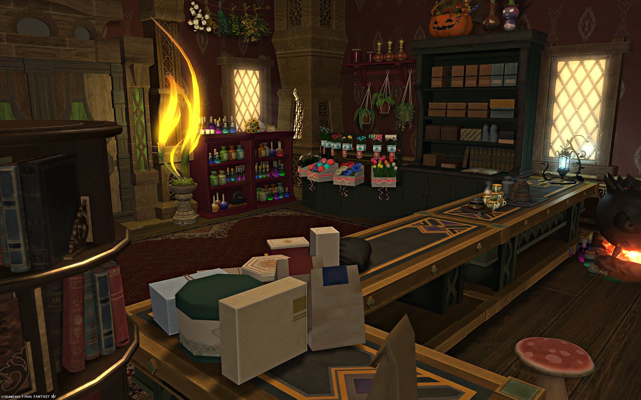 The shop floor along the counter — boxed goods stacked ready to go out, a rack of coloured potions and an open flame beyond