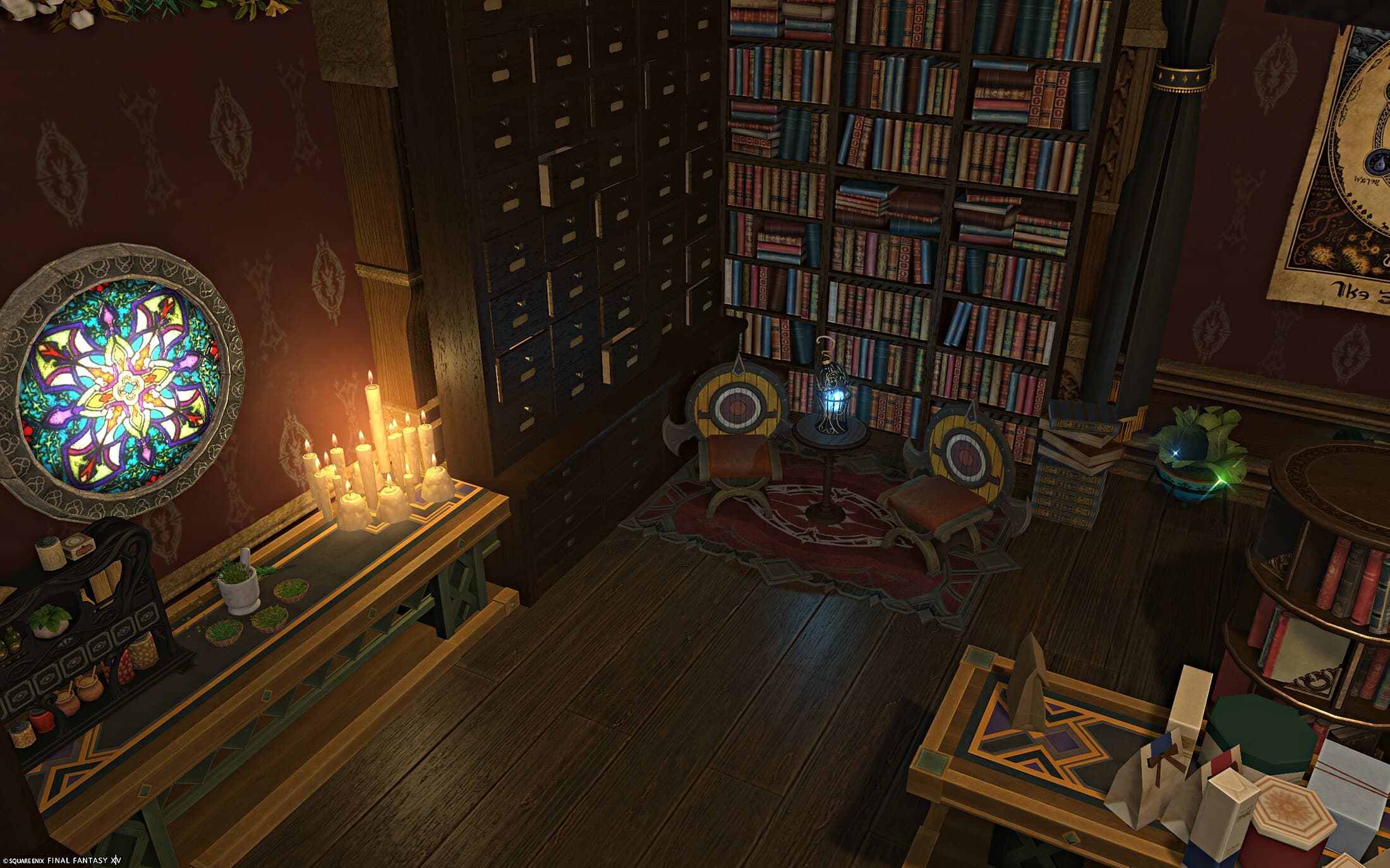 A stained-glass rose window above a row of lit candles, set against a wall of apothecary drawers