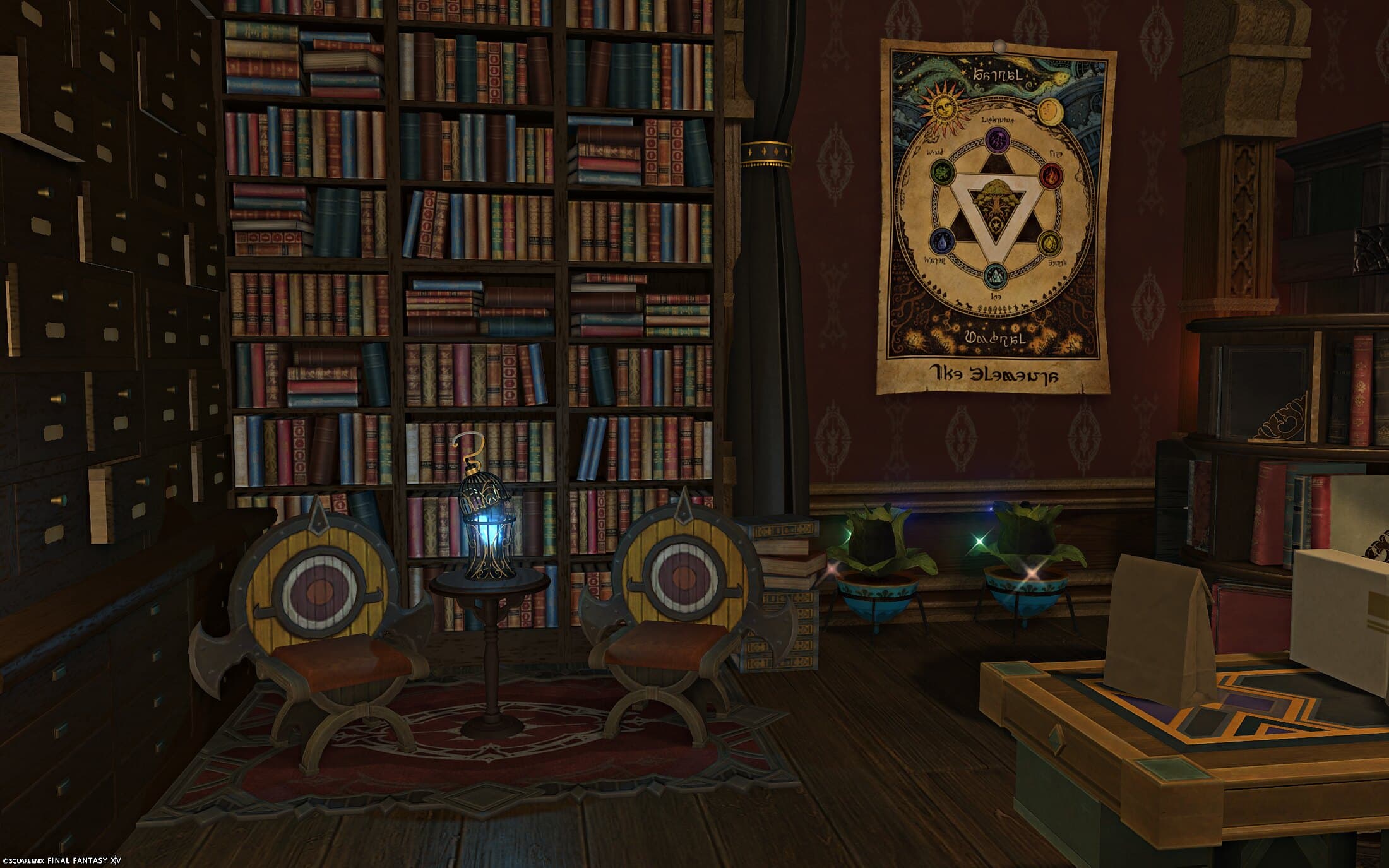 Floor-to-ceiling bookshelves beside an occult print, with two glowing orbs on stands