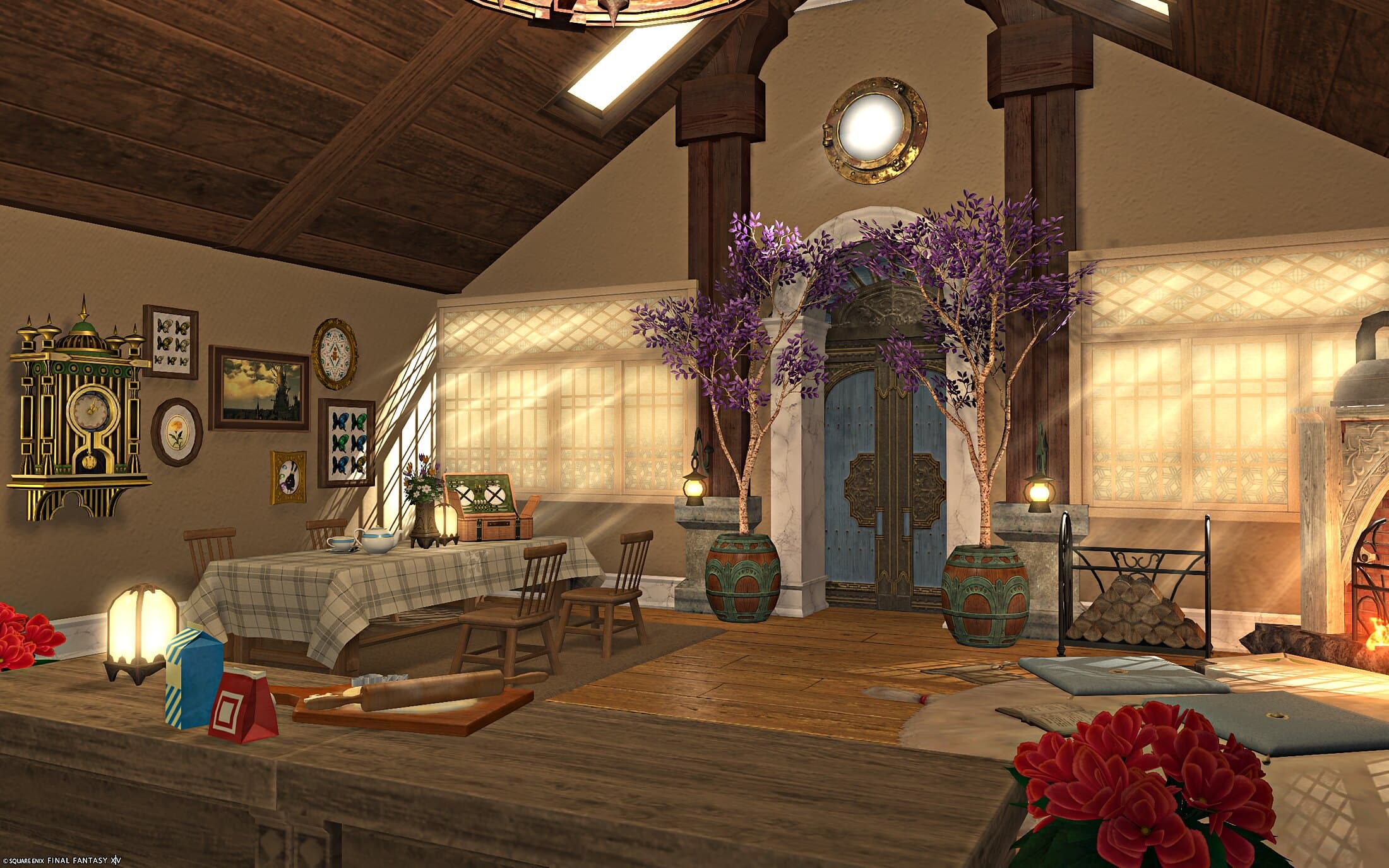 The main floor seen full width — the wisteria doorway under a single round porthole window, a wall of framed prints and a gilt clock at the left, the dining table set in front