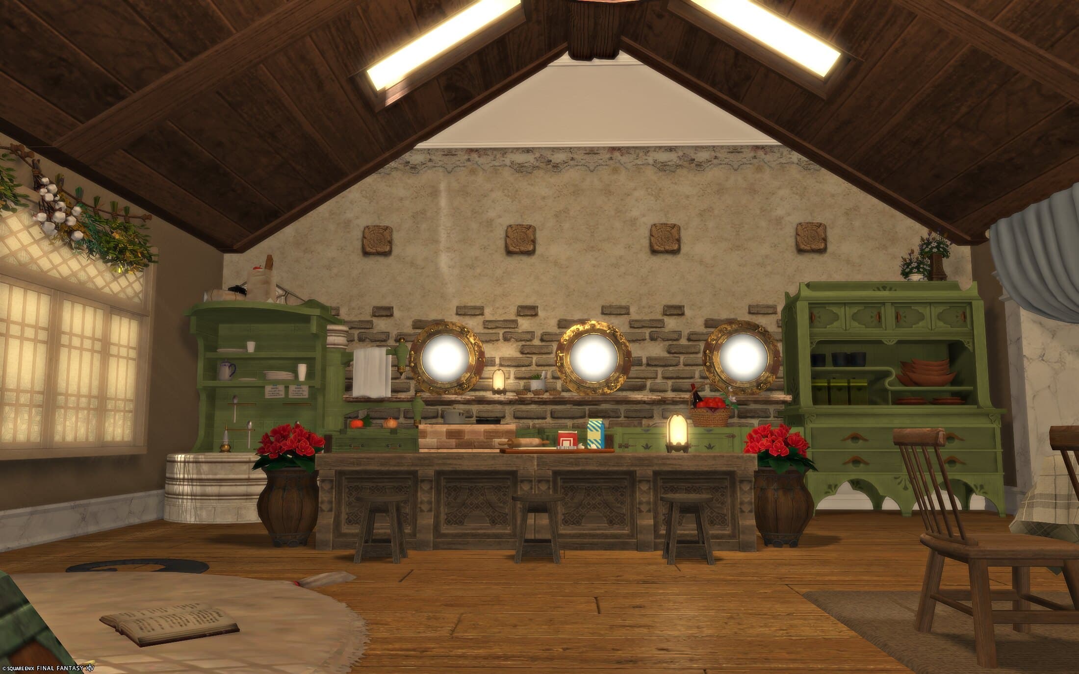 The kitchen counter straight on, three gilt porthole windows in the brick feature wall above it, green hutches either side and a row of stools