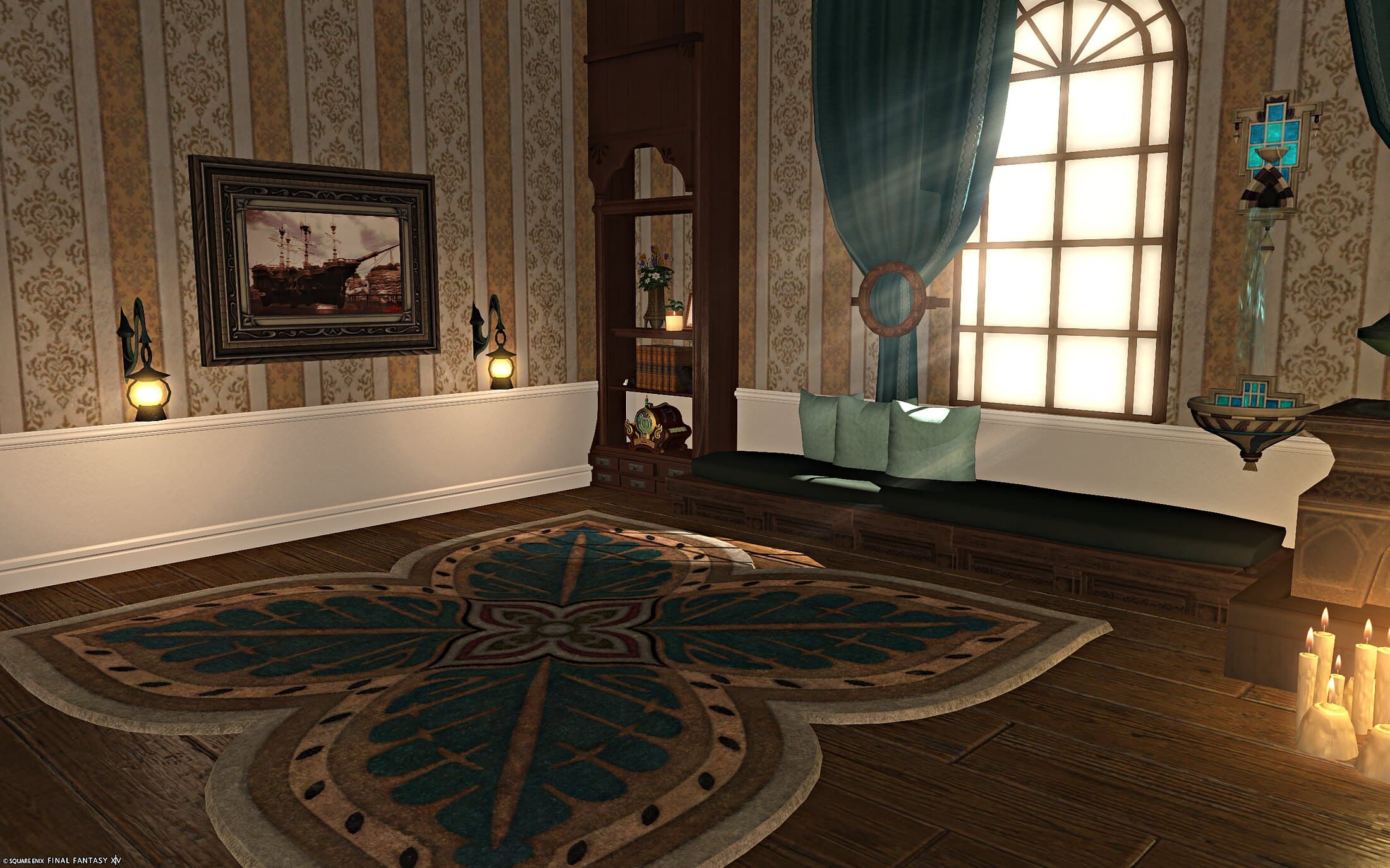 The stairs down to a hallway hung with a framed painting of a ship, an arched window curtained in teal, and a wall fountain glowing beside it