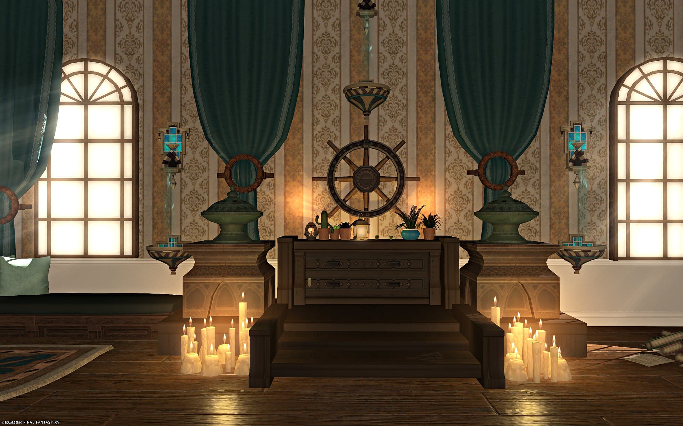 The Llymaen shrine — two ship's wheels flanking a carved altar between teal curtains and glowing wall fountains, candles lit in rows at its foot
