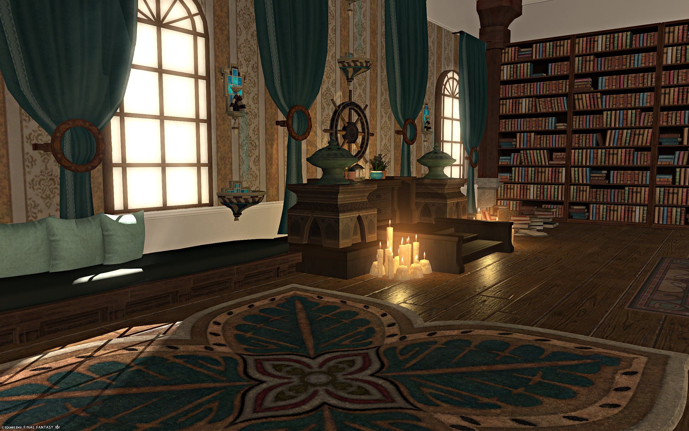 The shrine seen from the side, its teal curtains and ship's wheels beside a wall of bookshelves that opens the room out into the study