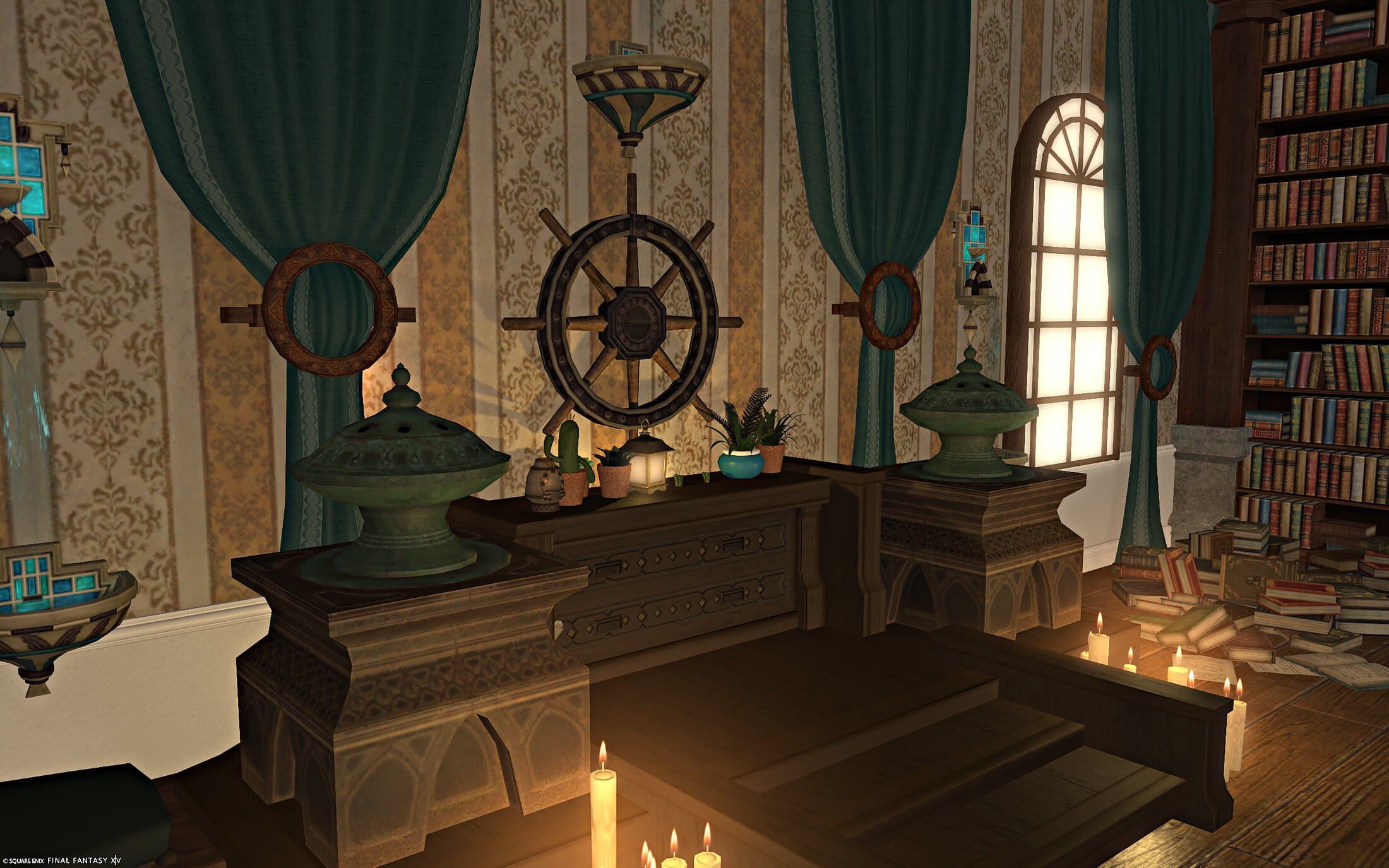 The shrine close up — carved urns and a ship's wheel against striped wallpaper, candles lit along the floor and books left in an open stack beside them