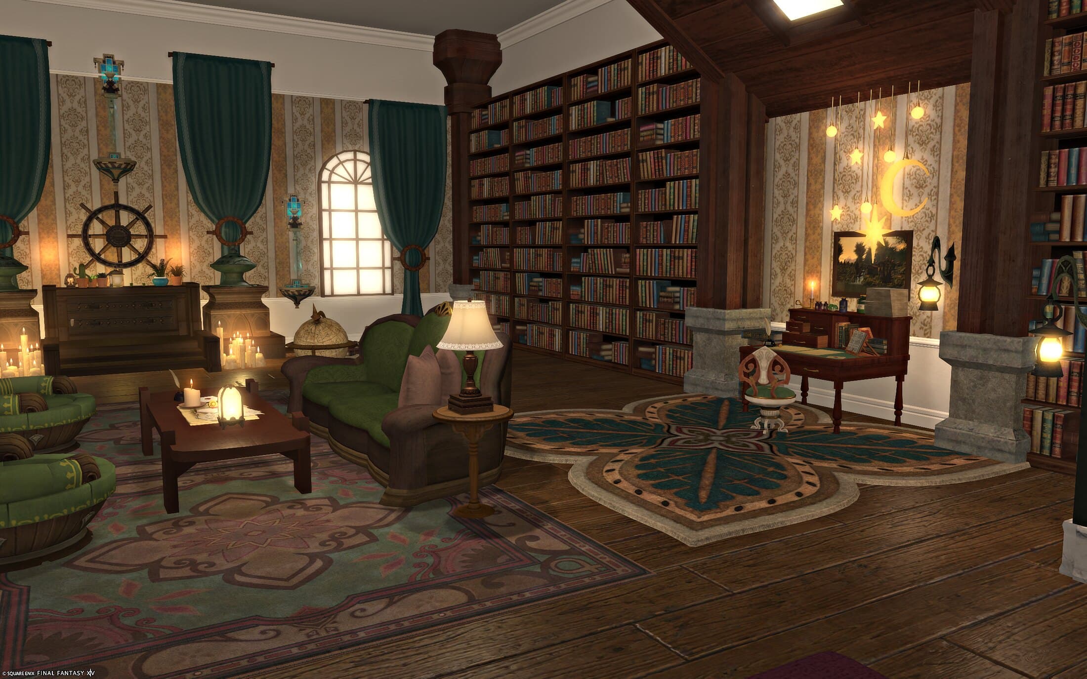 The downstairs room seen wide — a ship's wheel and the shrine at the left, a green sofa and armchairs at the centre, and full-wall bookshelves opening onto the desk