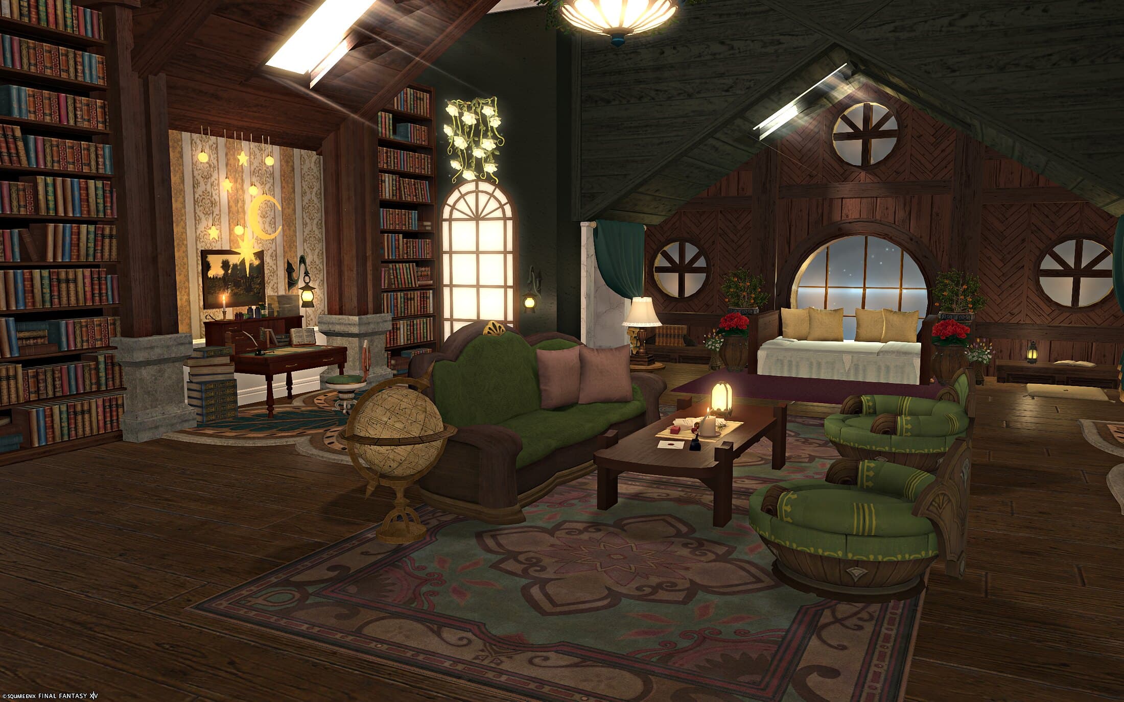 The living room and desk — a green sofa and pink-cushioned armchairs around a low table, a globe on the rug, and a desk set into a gap in the bookshelves under moon and star lights