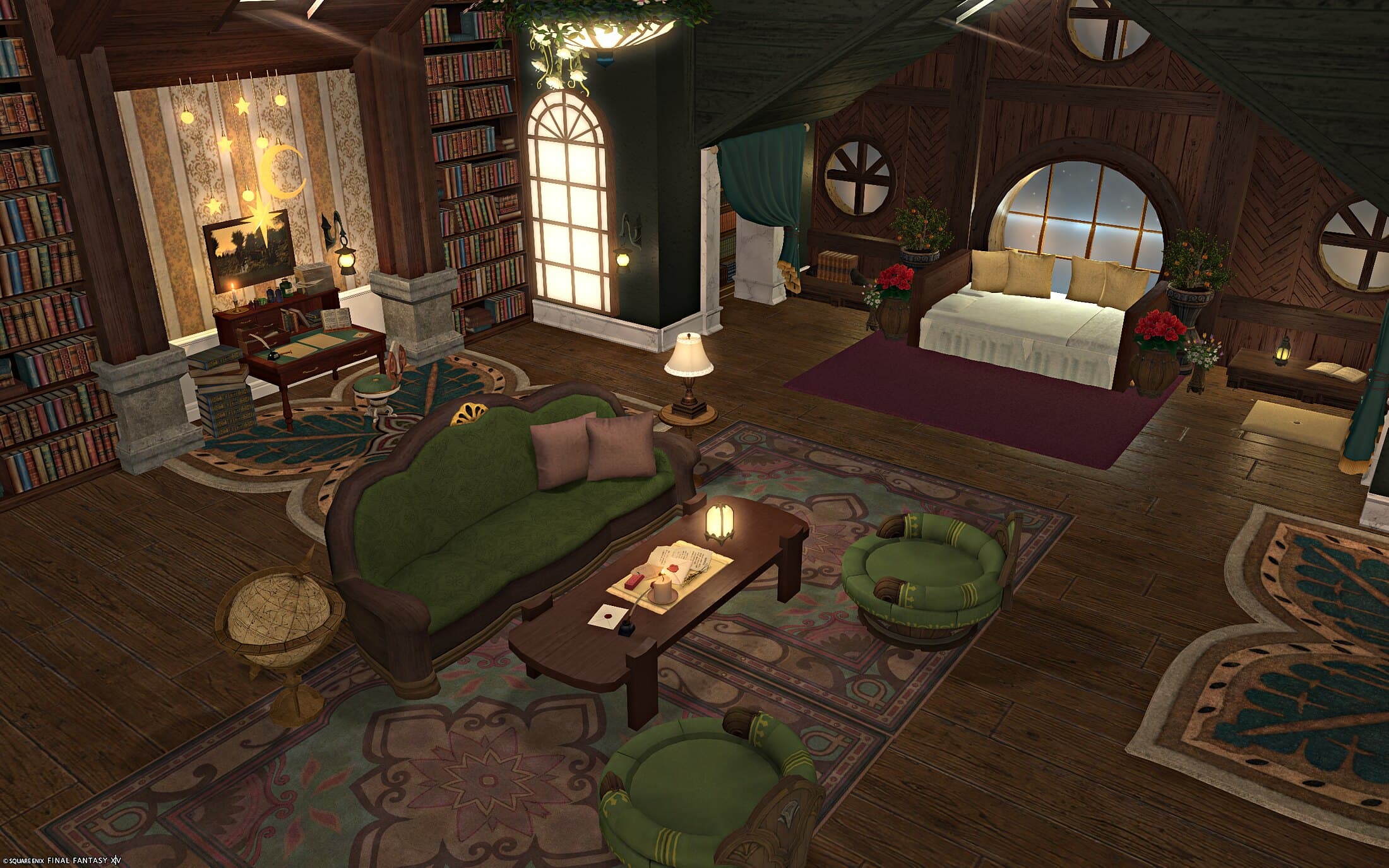 The room seen from the desk — moon and star lights hanging over it, the living room beyond, and the bed alcove with its round window visible at the far right