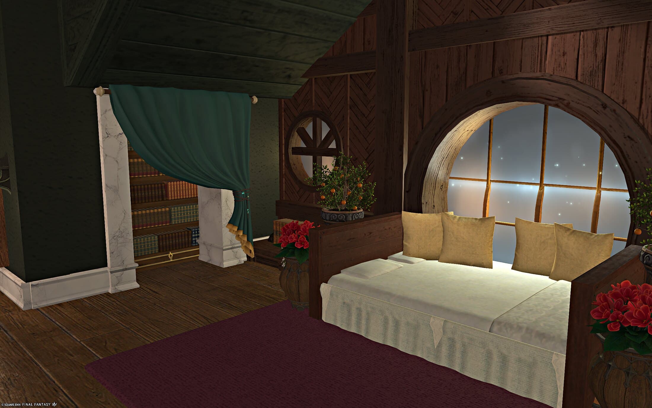 The bed nook — a teal curtain and bookshelves framing the alcove, gold cushions on the bed, and a round window open to the night sky