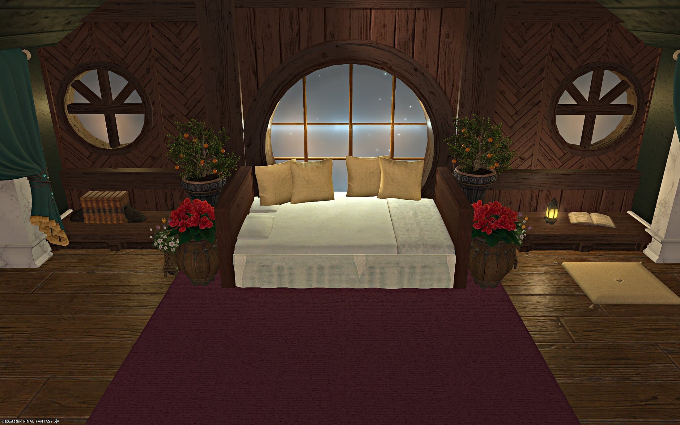 The bed seen from an angle, its round window glowing with starlight, a maroon rug underfoot and an open book laid on the floor beside it