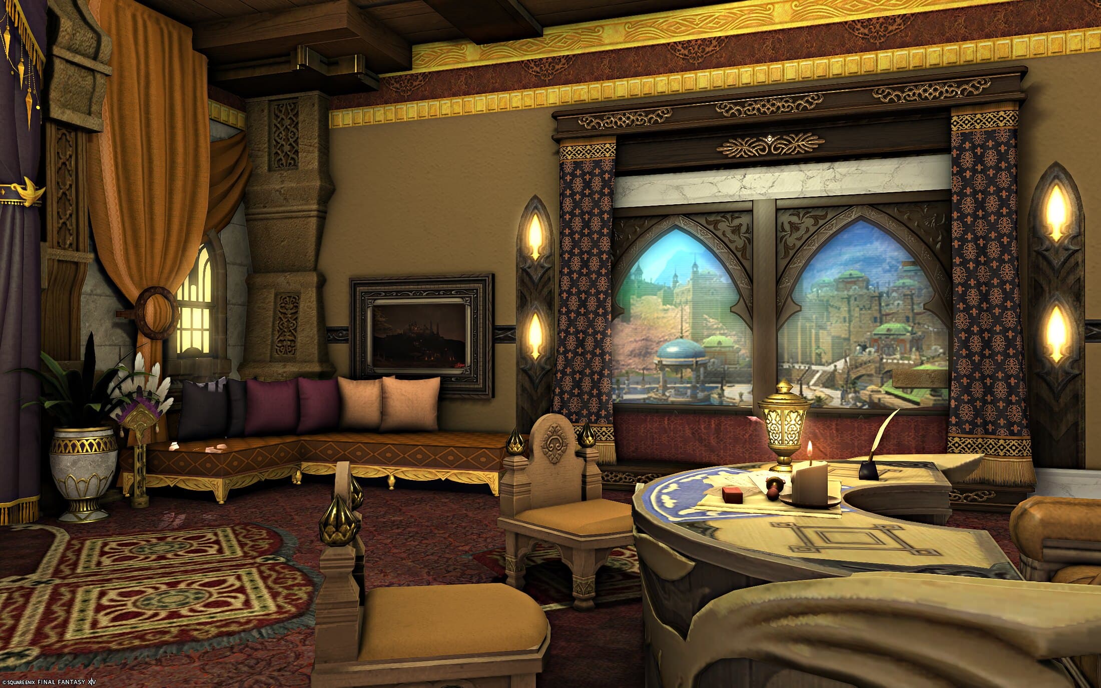 The office's window wall — two pointed-arch windows framing a view of the Goblet between dark purple patterned curtains, a long red-cushioned seat beneath them, red and gold detailing along the top of the walls, an orange divan at the left and a curved desk with a candle and a brass lantern in the foreground