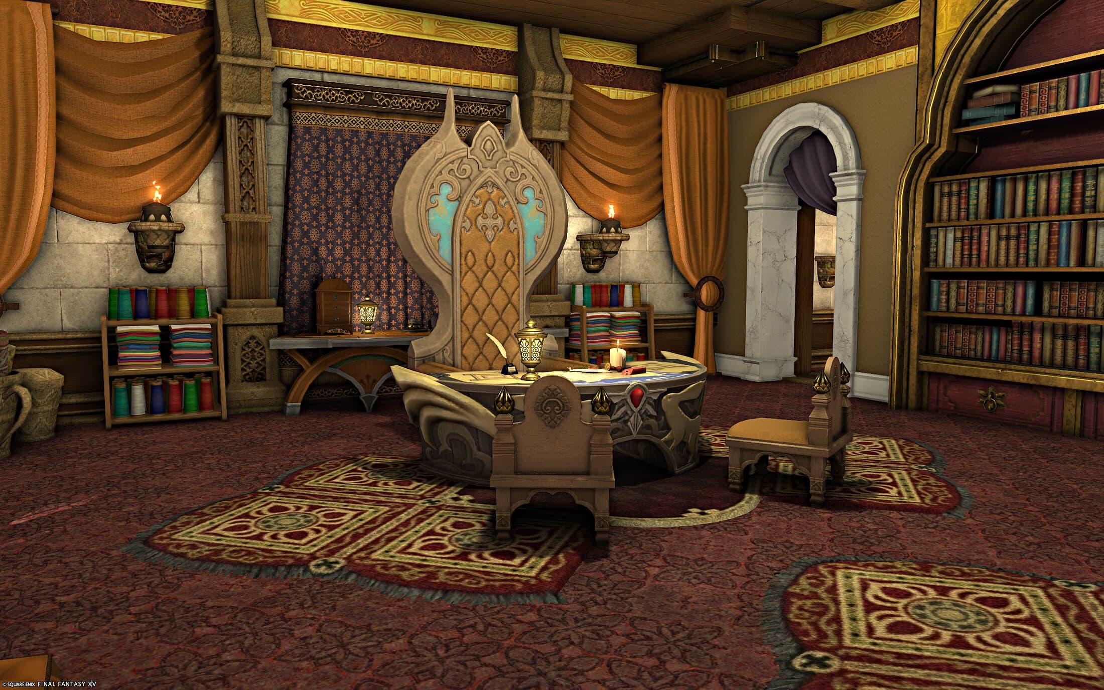 The merchant's desk — a tall carved throne behind a curved desk set with a candle and a lantern, two carved chairs in front, shelves of cloth and thread either side, a purple hanging and orange curtains behind, and a marble archway and bookshelves at the right
