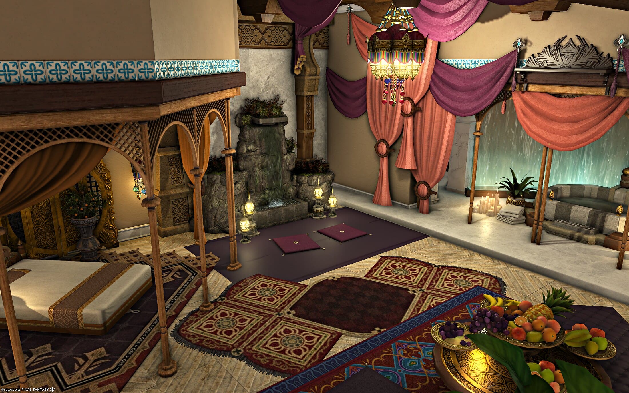 Downstairs seen wide — the bed in its alcove under lattice arches, a rock waterfall between lamps beyond it, and the bath on a marble floor behind coral curtains and purple swags, red and gold rugs and a table of fruit in the foreground