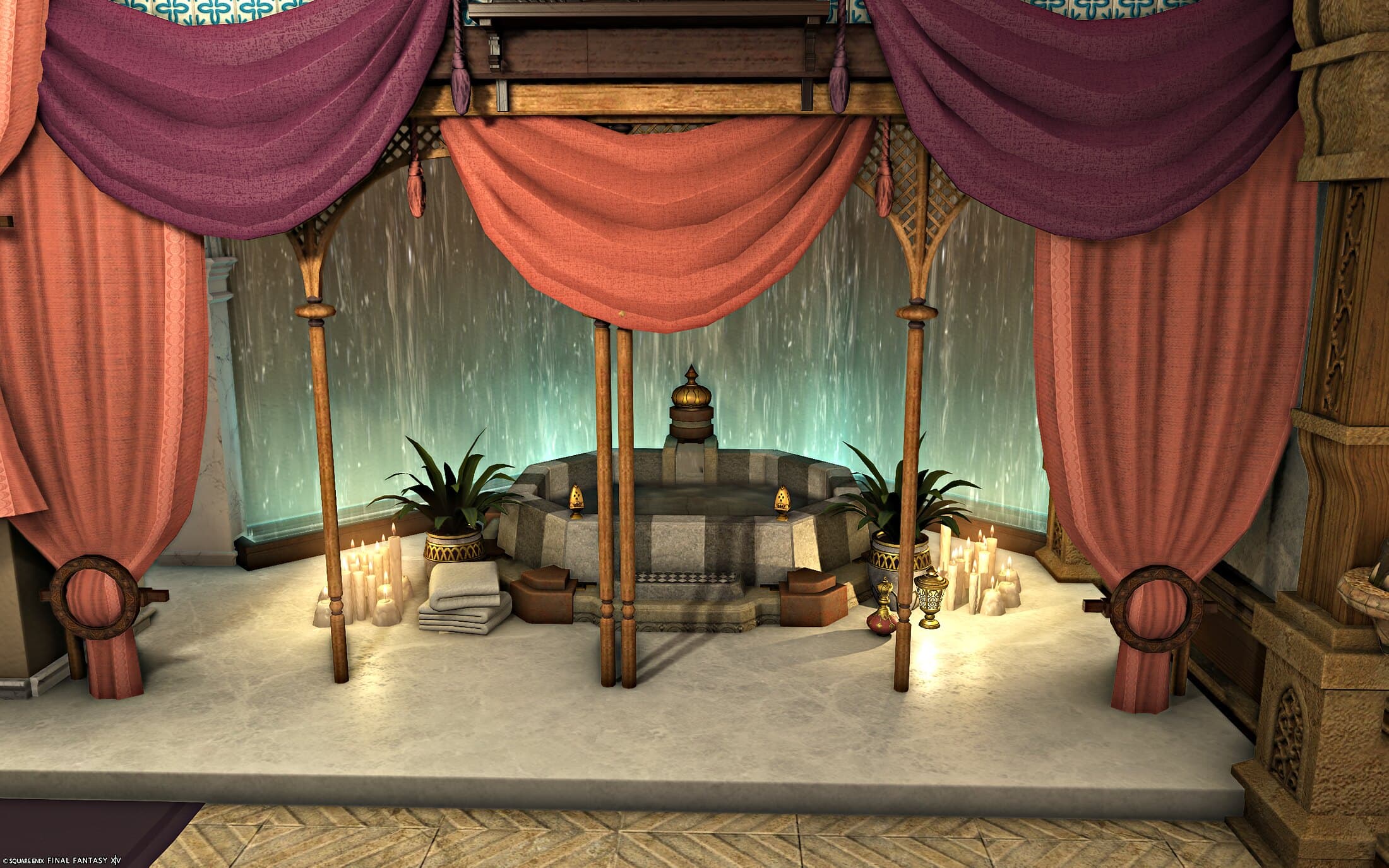The bath — an octagonal stone tub on a marble floor, framed by coral curtains and purple swags, a wall of falling water glowing teal behind it, candles, folded towels and potted plants around it
