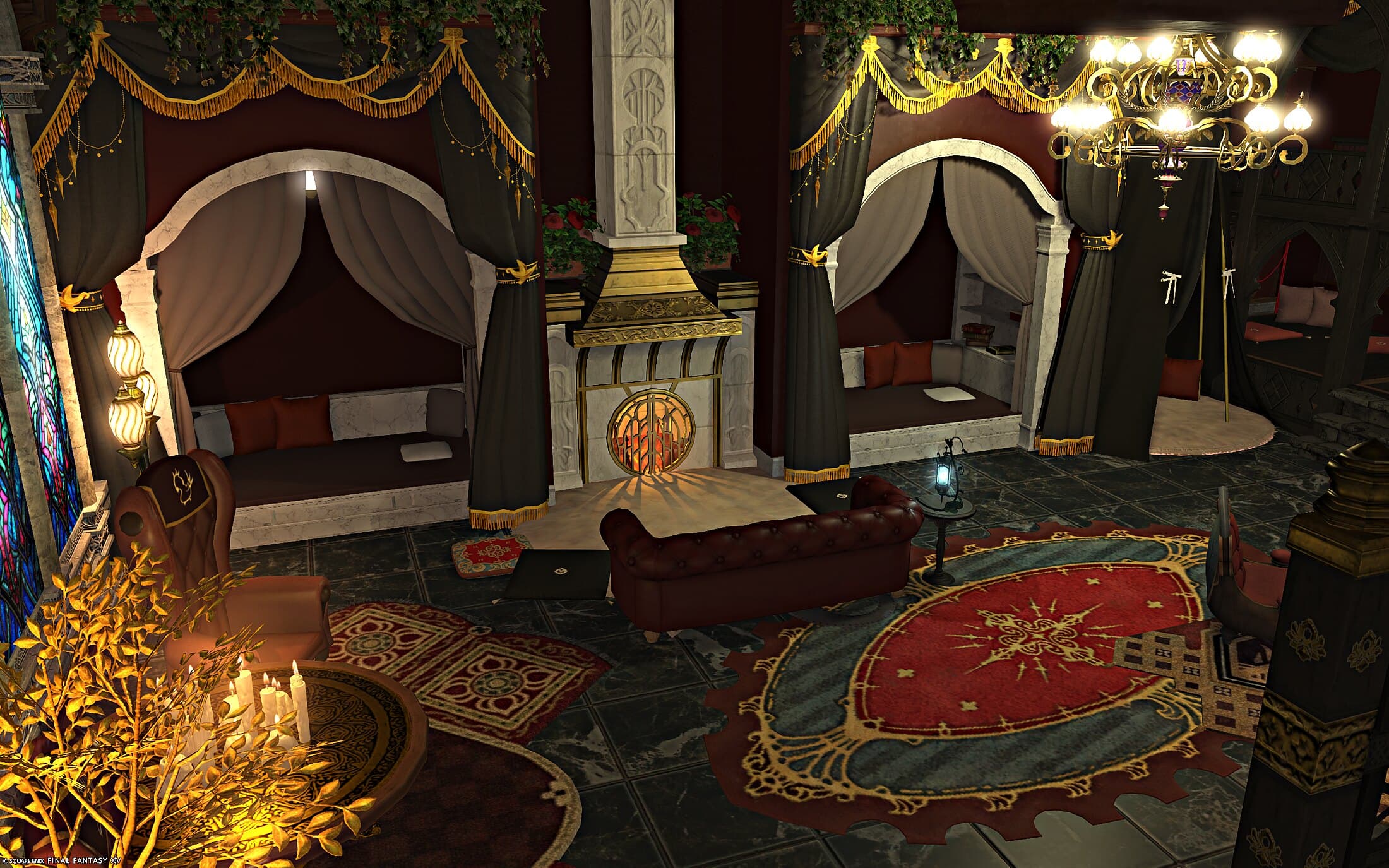 Two curtained bed alcoves either side of a white marble fireplace, a buttoned leather chaise between them and a chandelier above