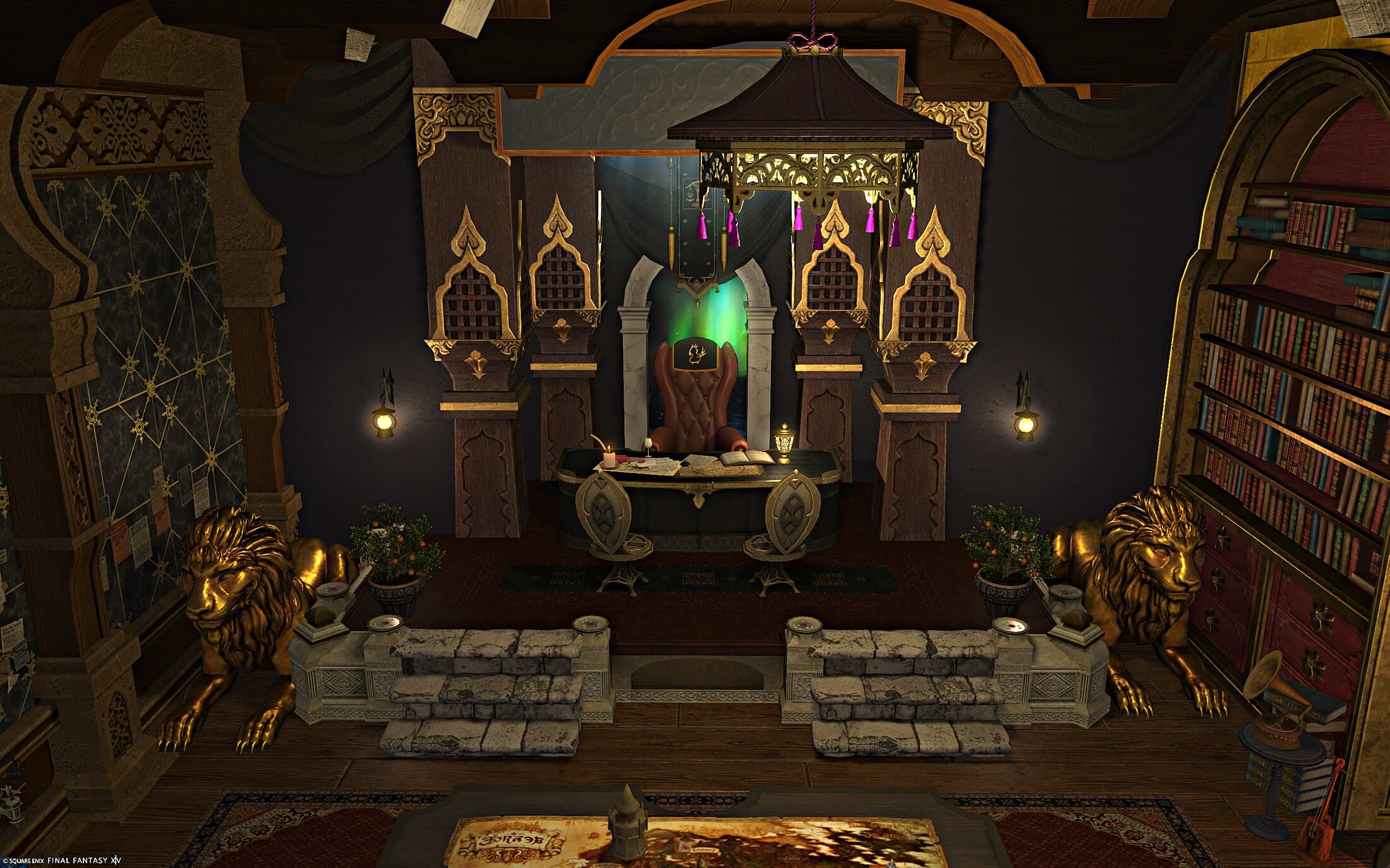 The raised platform head-on — a desk on a stone dais with a staircase climbing to it from either side, a canopy over the chair and a gilt lion at each corner